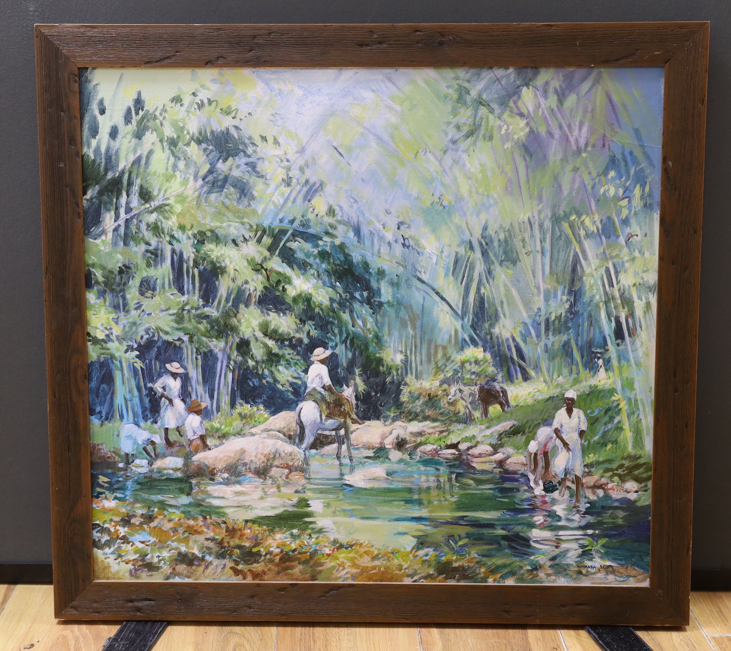 Kinrara Scott, oil on canvas board, river landscape with figures and donkeys, signed, 57 x 61cm